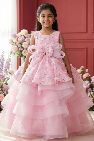 Girls Pink Layered Party Wear Gown with Floral Embroidery And Statement Bow